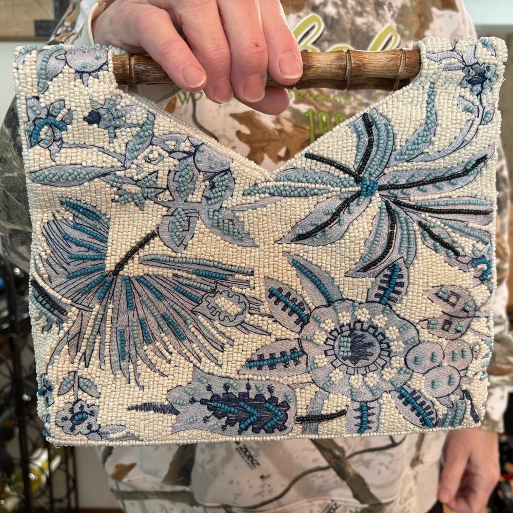 Marshalls Blue Floral Beaded Clutch with Bamboo Handle